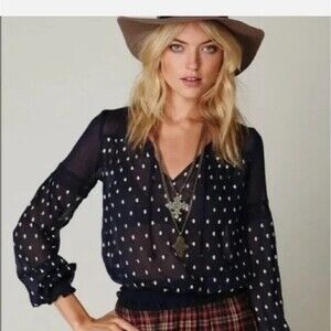Free People Navy White Polka Dot Sheer Boho Blouse sz M